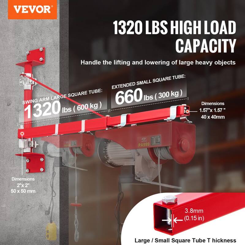 VEVOR Electric Hoist Support Arm 1320 lbs. Max Load Capacity 180° Swivel Scaffold Winch Hoist Arm with Pole for Workshop - HLZJTZ200100C8VC9V0