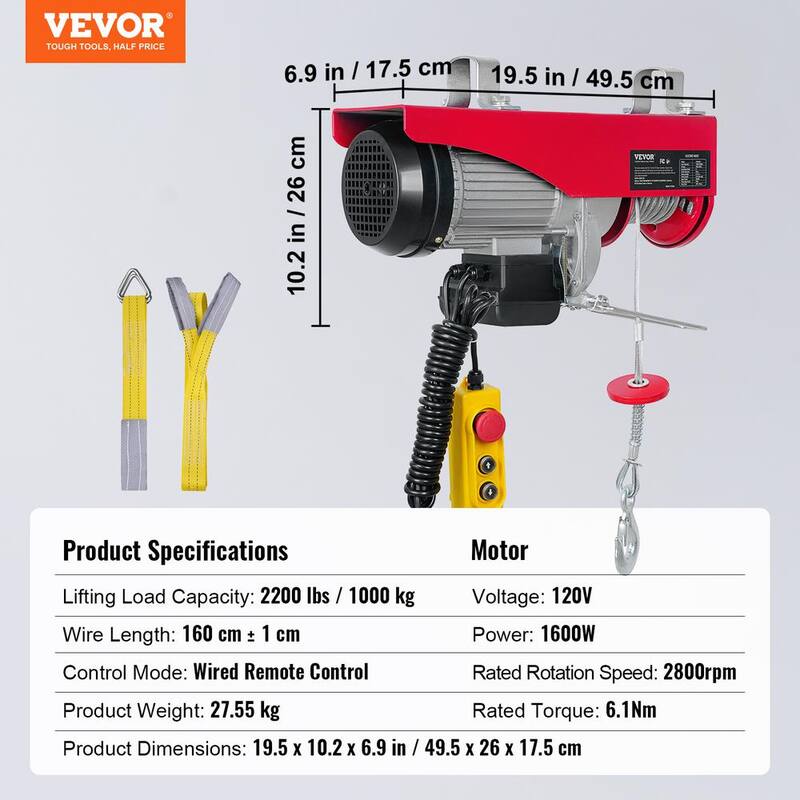 VEVOR 2200 lbs. Electric Chain Hoist 1600 Watt Electric Steel Wire Winch with 14 ft. Wired Remote Control for Garage Warehouse - DDGSSHLYXYKKYOD1MV1