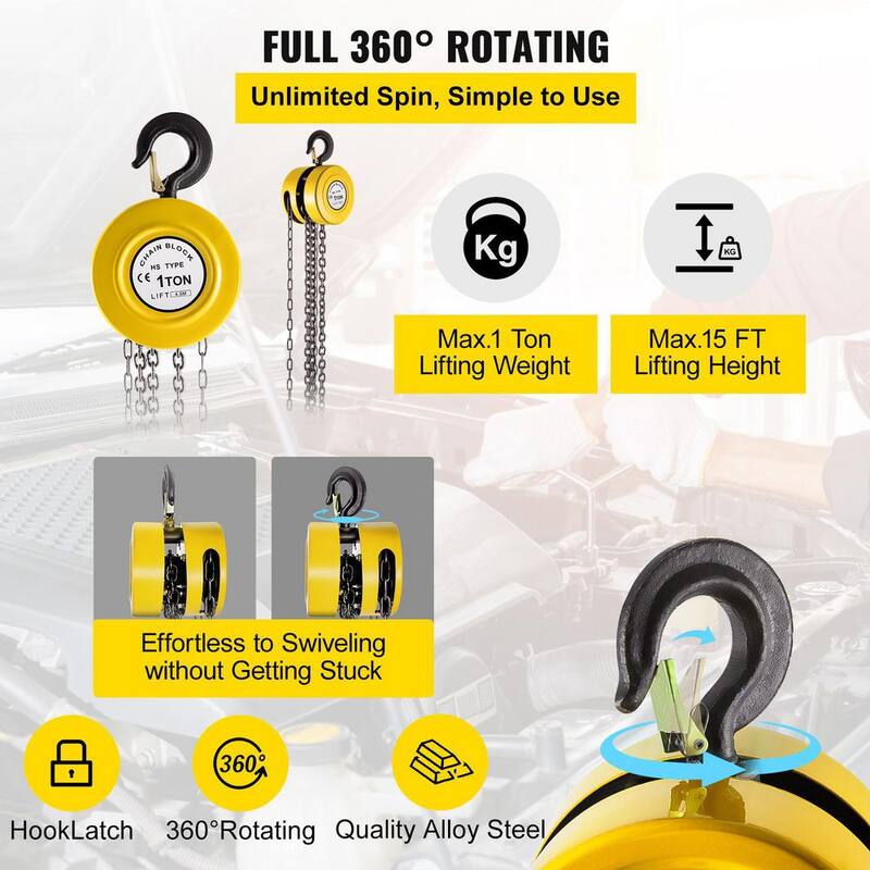 VEVOR 1-Ton Hand Chain Hoist 15 ft. Lift Manual Chain Hoist w/Industrial-Grade Steel Construction for Lifting Goods, Yellow - SLHLHSY1T4.5MNF13V0