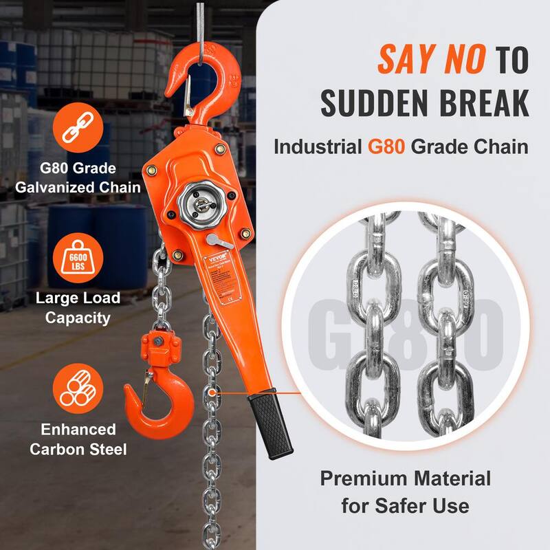 VEVOR Manual Lever Chain Hoist, 3 Ton 6600 lbs. Capacity 20 FT. Come Along, G80 Galvanized Carbon Steel with Double-Pawl Brake - CGSBHLH3T20FT1N2RV0-730