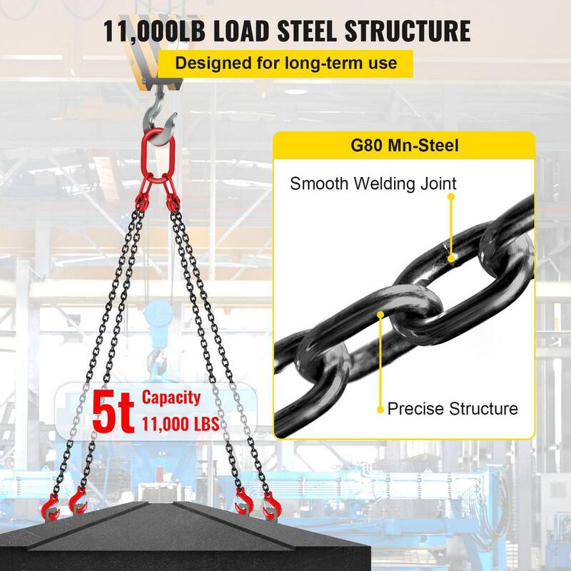 VEVOR 5 ft. Hoist Chain Sling 5/16 in. Engine Lift Chain G80 Alloy Steel 3-Ton with 4 Leg Grab Hooks and Adjuster - 1.5MSGLT000000001V0