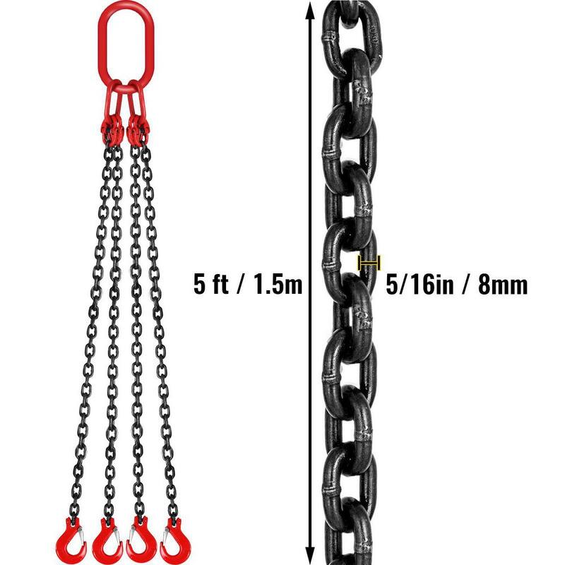 VEVOR 5 ft. Hoist Chain Sling 5/16 in. Engine Lift Chain G80 Alloy Steel 3-Ton with 4 Leg Grab Hooks and Adjuster - 1.5MSGLT000000001V0