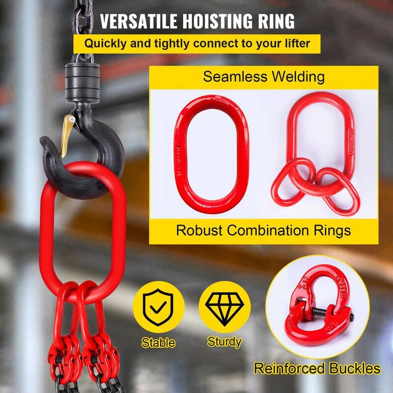 VEVOR 5 ft. Hoist Chain Sling 5/16 in. Engine Lift Chain G80 Alloy Steel 3-Ton with 4 Leg Grab Hooks and Adjuster - 1.5MSGLT000000001V0