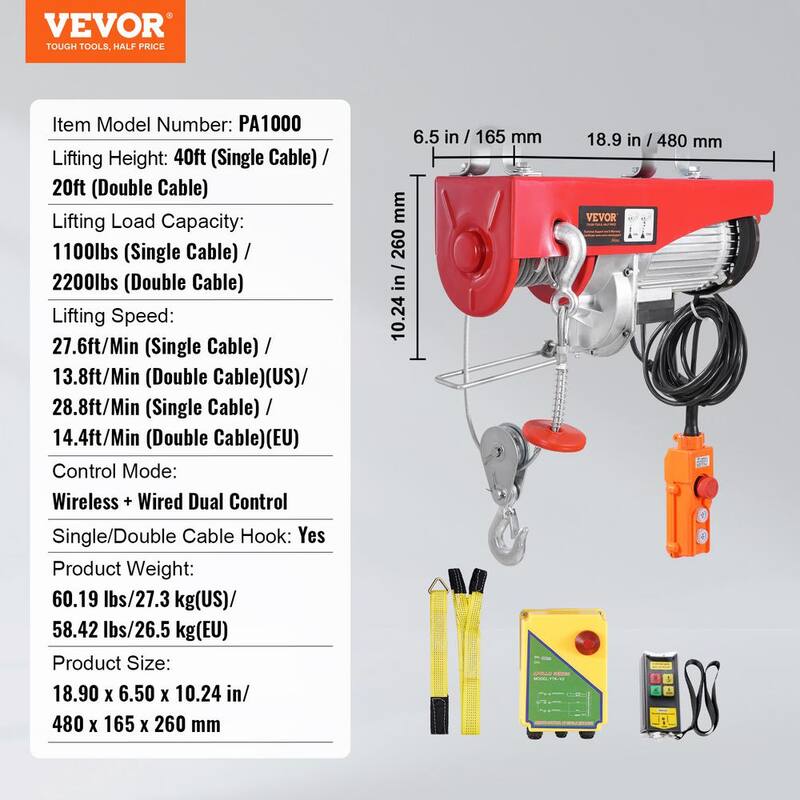 VEVOR Electric Hoist, 2200 lbs. 120V Electric Winch with 328 ft. Wireless & 14 ft. Wired Remote Control, 40 ft. Lifting Height - DDGSSHLYXWXSTO5XWV1