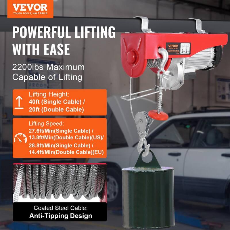 VEVOR Electric Hoist, 2200 lbs. 120V Electric Winch with 328 ft. Wireless & 14 ft. Wired Remote Control, 40 ft. Lifting Height - DDGSSHLYXWXSTO5XWV1