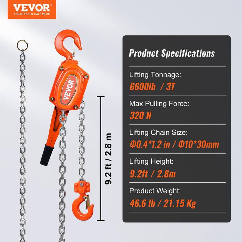 VEVOR Manual Lever Chain Hoist, 3 Ton 6600 lbs. Capacity 10 FT. Come Along, G80 Galvanized Carbon Steel with Weston Brake - CGSBHLH3T10FTQMVPV0-730