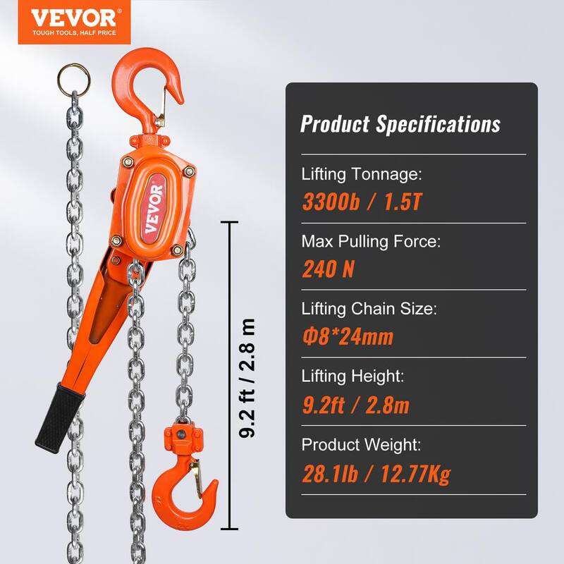 VEVOR Manual Lever Chain Hoist, 1-1/2 Ton 3300 lbs. Capacity 10 FT. Come Along, G80 Galvanized Carbon Steel with Weston Brake - CGSBH112T10FTYOZ9V0-730