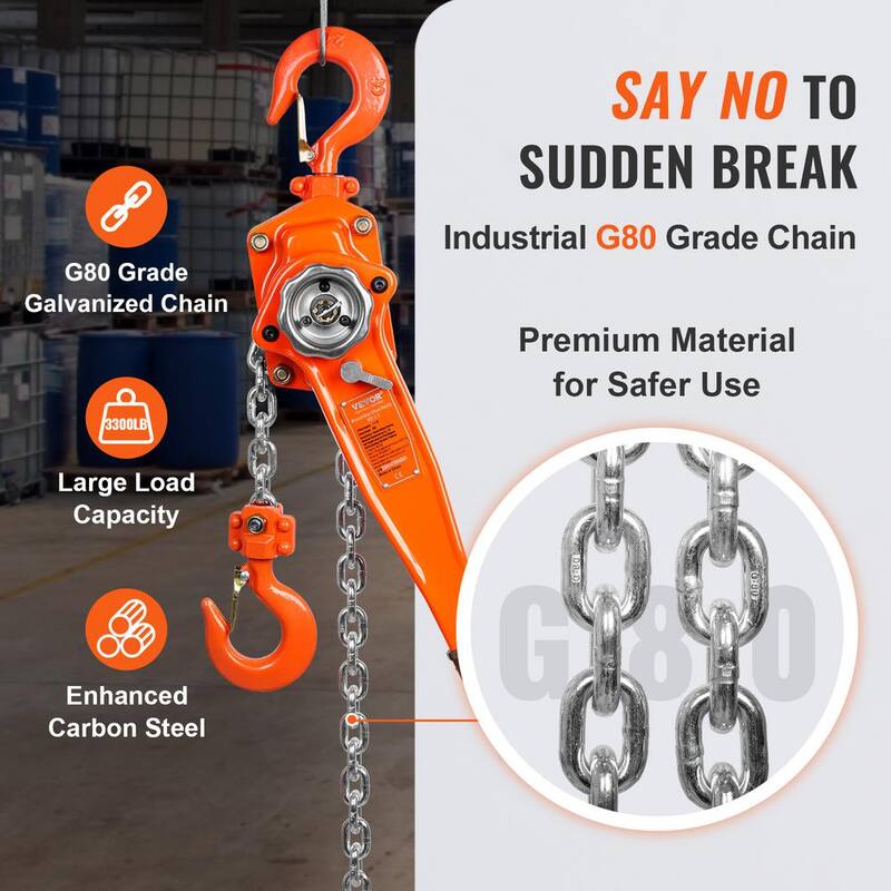 VEVOR Manual Lever Chain Hoist, 1-1/2 Ton 3300 lbs. Capacity 10 FT. Come Along, G80 Galvanized Carbon Steel with Weston Brake - CGSBH112T10FTYOZ9V0-730