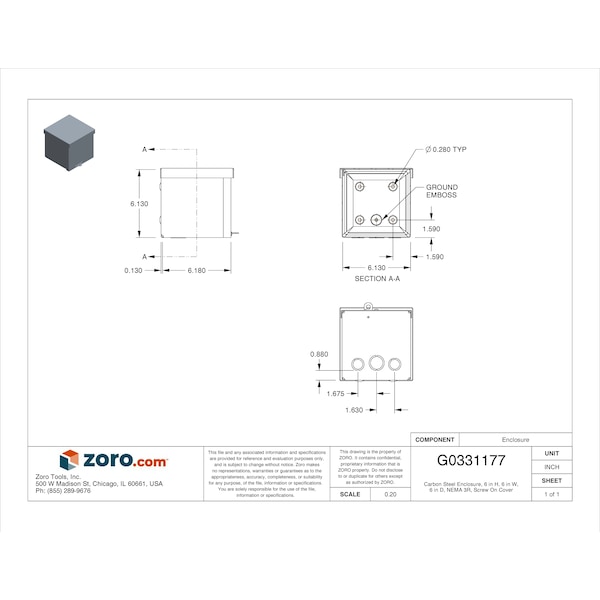 Wiegmann Carbon Steel Electrical Enclosures, 6 in H, 6 in D, 6 in W, NEMA 3R, Screw On - RSC060606