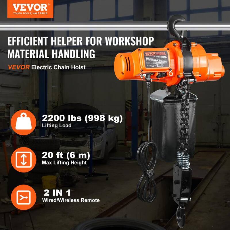 VEVOR Electric Chain Hoist, 2200 lbs. Load, 20 ft. Lifting Height, 6.9 ft./min Speed, 120V, Single Phase Overhead Crane - DDSHLHLDXD11B2PV9V1