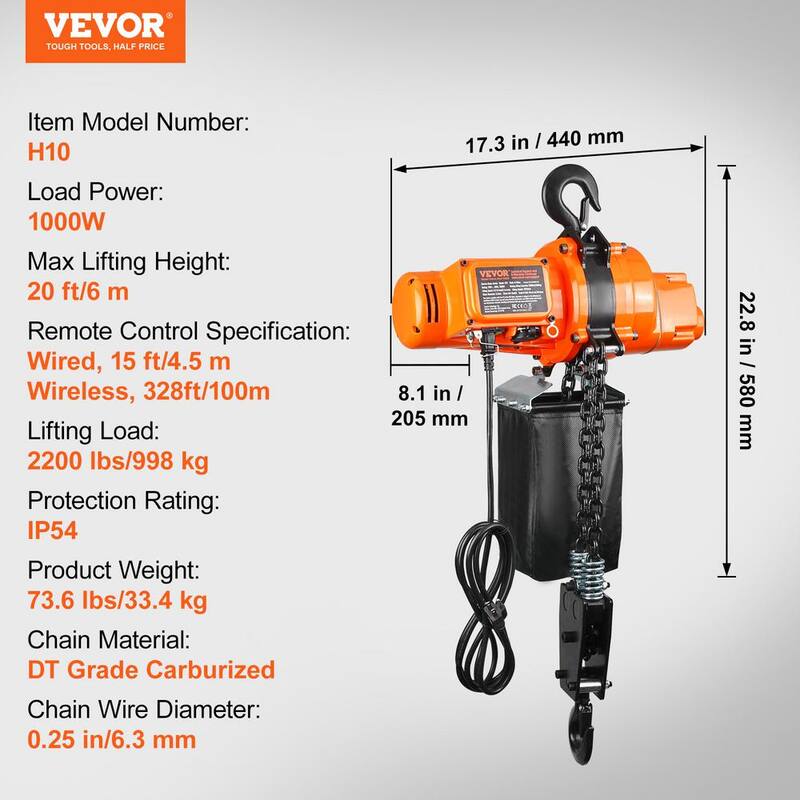 VEVOR Electric Chain Hoist, 2200 lbs. Load, 20 ft. Lifting Height, 6.9 ft./min Speed, 120V, Single Phase Overhead Crane - DDSHLHLDXD11B2PV9V1