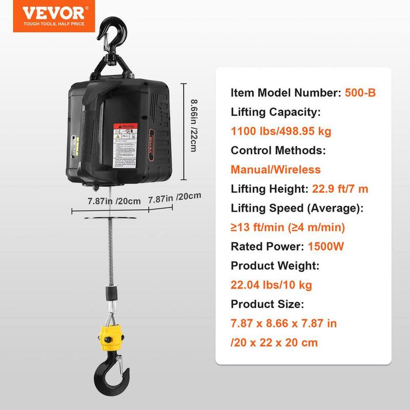 VEVOR 1,100 lbs. Electric Hoist Winch, 2-in.-1 1,500W Portable Power Winch Crane, 23 ft. Lifting Height, Attic lift - BXSDDHL1100BF7XB2V1-802