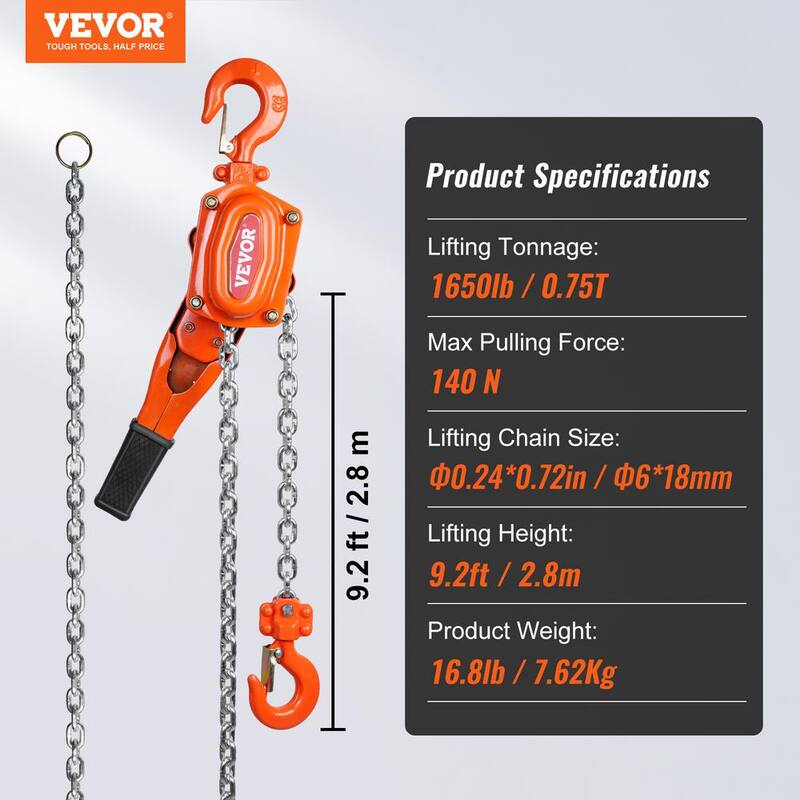 VEVOR Manual Lever Chain Hoist 3/4 Ton 1650 lbs. Capacity 10 FT. Come Along G80 Galvanized Carbon Steel with Double-Pawl Brake - CGSBHL34T10FT5KRRV0-730