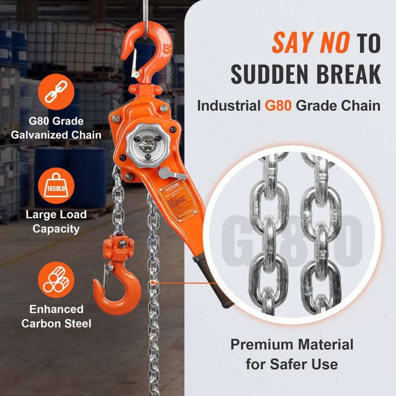 VEVOR Manual Lever Chain Hoist 3/4 Ton 1650 lbs. Capacity 10 FT. Come Along G80 Galvanized Carbon Steel with Double-Pawl Brake - CGSBHL34T10FT5KRRV0-730