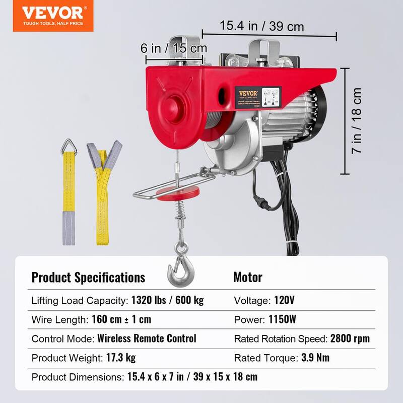 VEVOR Electric Hoist 1320 lbs. Electric Wire Hoist with Wireless Remote Control, 40 ft. Single Cable Lifting Height (1150 W) - DD1320LBS52FTNHNXV1