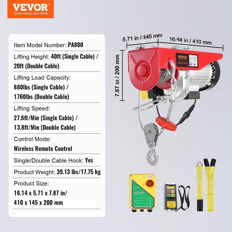 VEVOR Electric Hoist, 1760 lbs. 120V Electric Winch with 328 ft. Wireless Remote Control, 40 ft. Single Cable Lifting Height - DDGSSHLWXYKKCZJU3V1