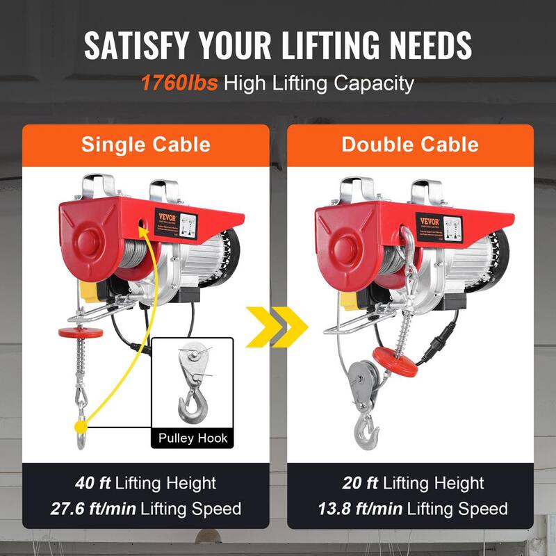 VEVOR Electric Hoist, 1760 lbs. 120V Electric Winch with 328 ft. Wireless Remote Control, 40 ft. Single Cable Lifting Height - DDGSSHLWXYKKCZJU3V1