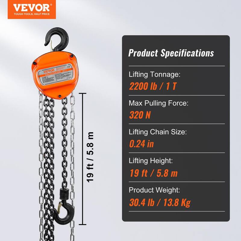 VEVOR Hand Chain Hoist, 1 Ton 2,200 lbs. Capacity 20 FT Come Along, G80 Gal.vanized Carbon Steel with Double-Pawl Brake - SJXSLHL1T20FTSZ3XV0-731
