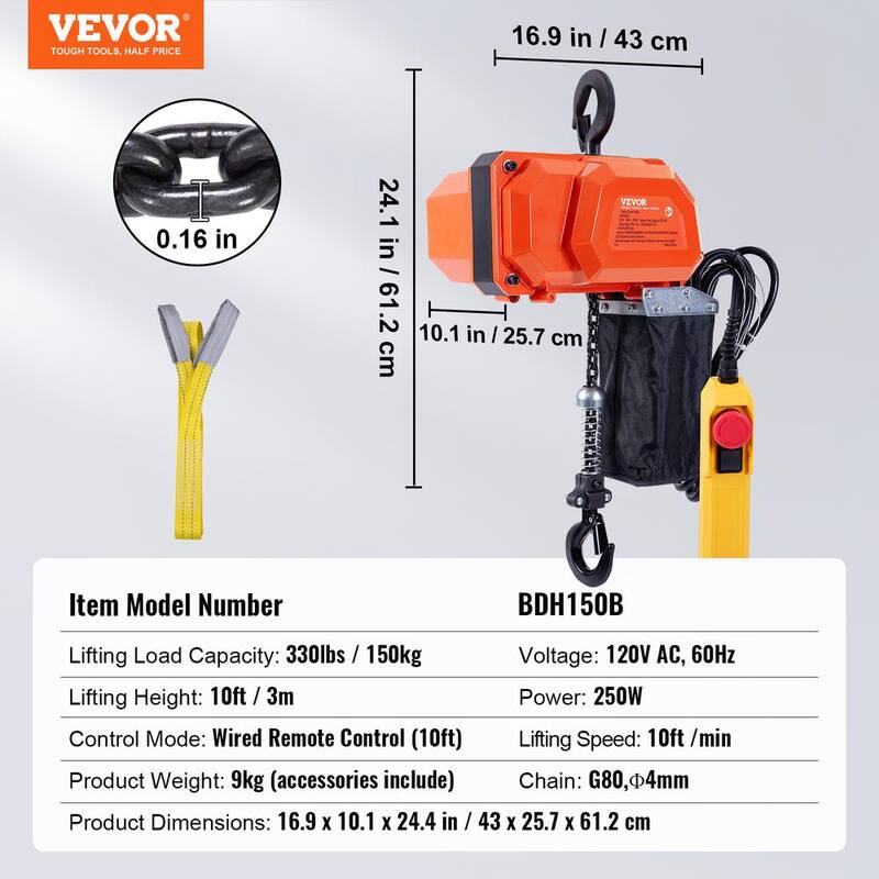 VEVOR Electric Chain Hoist 330 lbs. Overhead Crane with G80 Chain, 10 ft. Wired Remote Control and 10 ft. Lifting Height - DDHLHLDXDDLCSJWA7V5