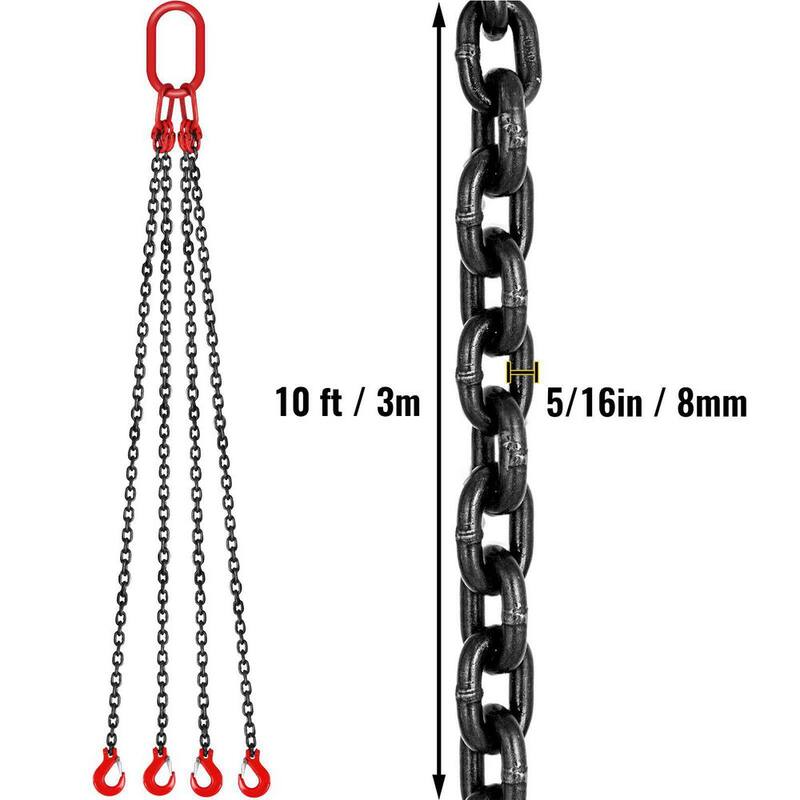 VEVOR 10 ft. x 5/16 in. Engine Chain Sling G80 Alloy Steel Hoist Lift Chain 3T with 4 Leg Grab Hooks Adjuster for Mining Ports - 3MSGLT00000000001V0