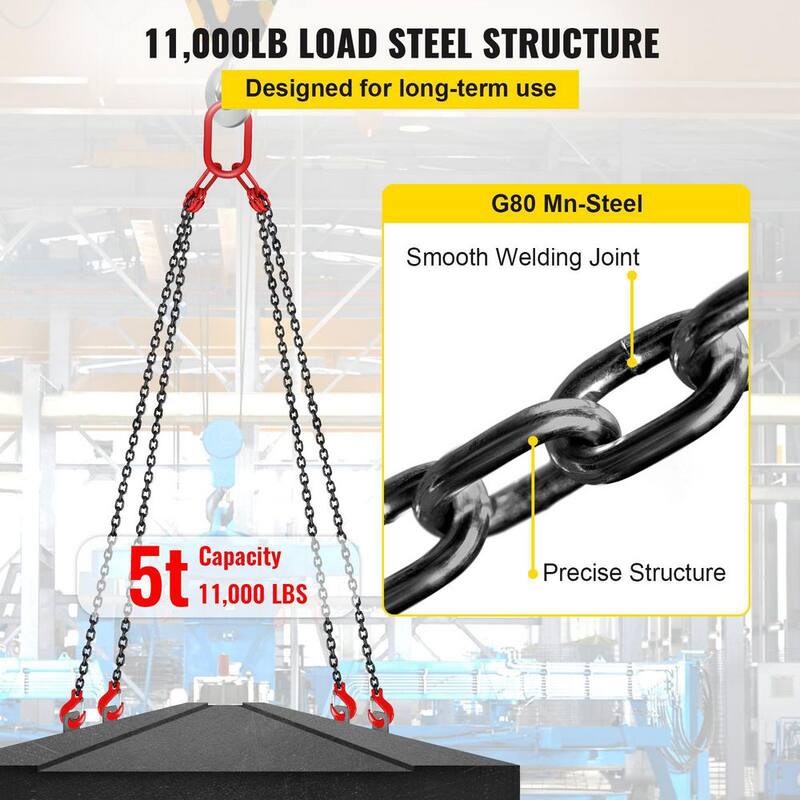 VEVOR 10 ft. x 5/16 in. Engine Chain Sling G80 Alloy Steel Hoist Lift Chain 3T with 4 Leg Grab Hooks Adjuster for Mining Ports - 3MSGLT00000000001V0
