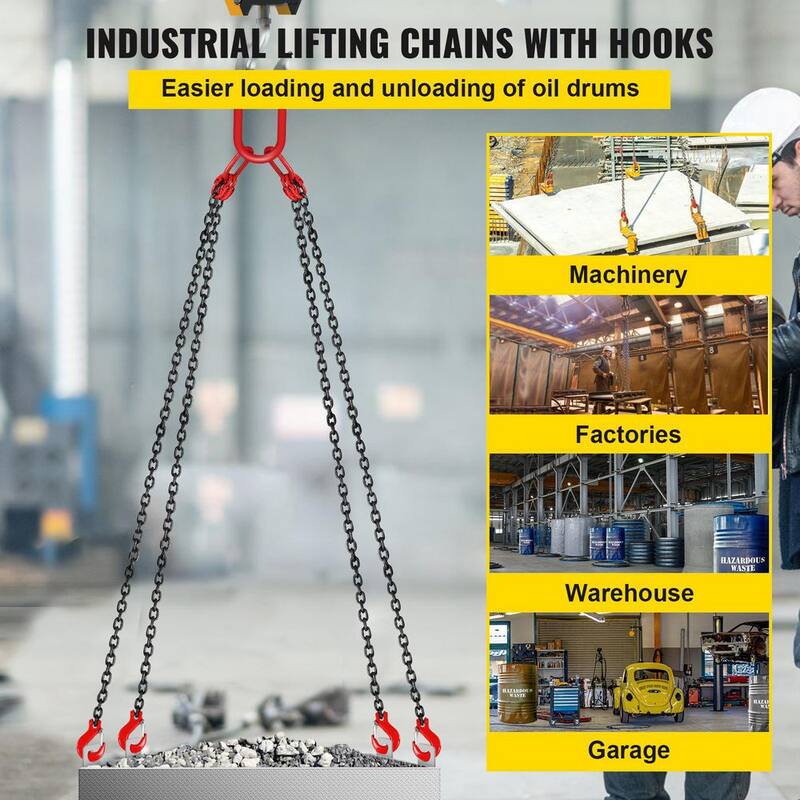 VEVOR 10 ft. x 5/16 in. Engine Chain Sling G80 Alloy Steel Hoist Lift Chain 3T with 4 Leg Grab Hooks Adjuster for Mining Ports - 3MSGLT00000000001V0