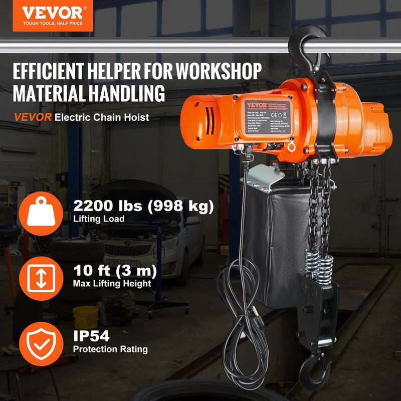 VEVOR Electric Chain Hoist, 2200 lbs. Load Capacity, 10 ft. Lifting Height, 6.9 ft./min Speed, 120V, Single Phase Crane - DDSHLHLDXD11P0U2TV1