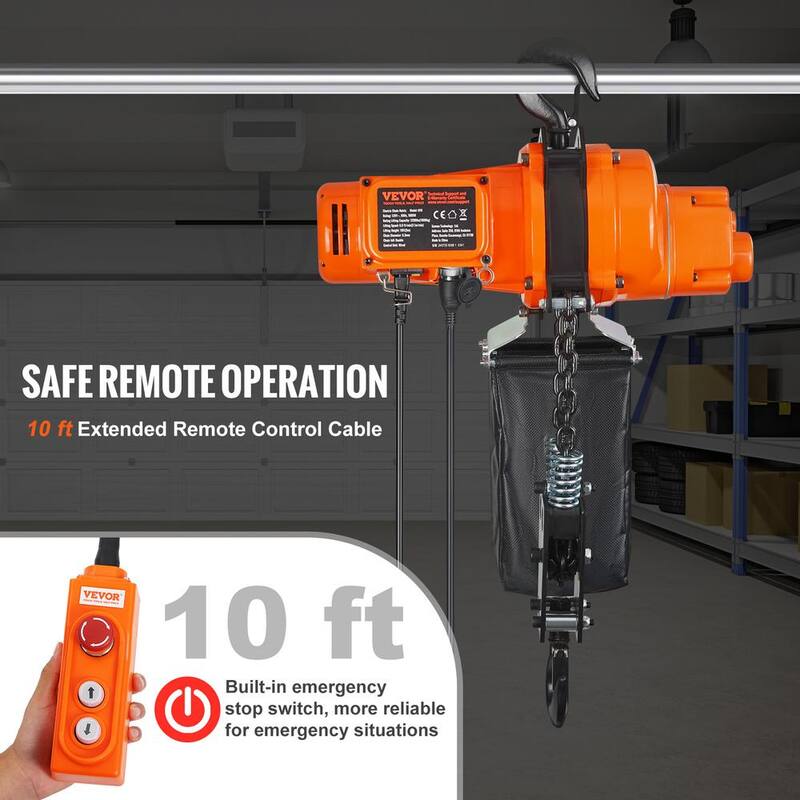 VEVOR Electric Chain Hoist, 2200 lbs. Load Capacity, 10 ft. Lifting Height, 6.9 ft./min Speed, 120V, Single Phase Crane - DDSHLHLDXD11P0U2TV1