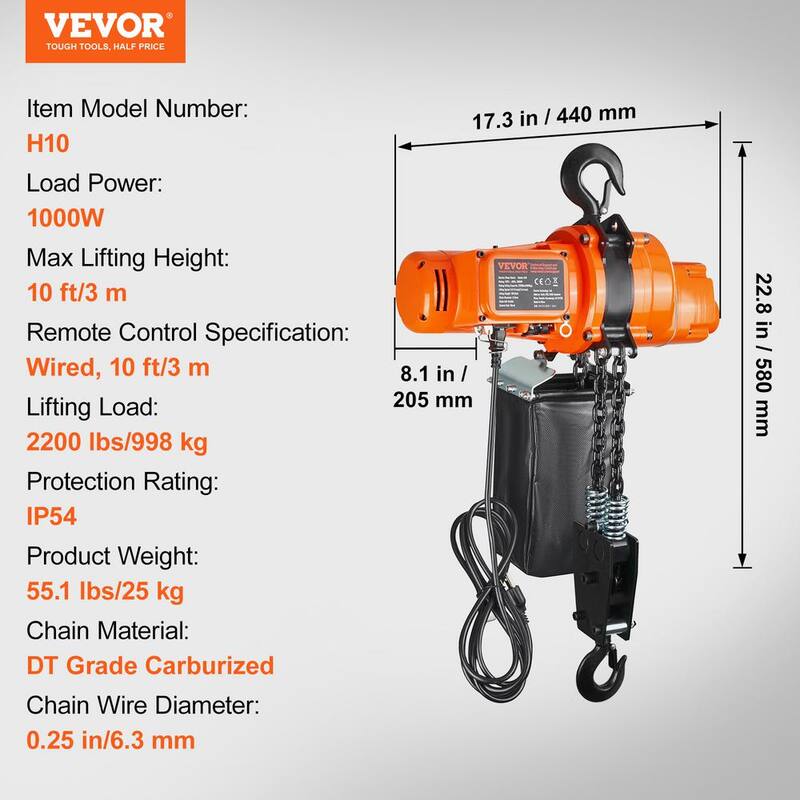 VEVOR Electric Chain Hoist, 2200 lbs. Load Capacity, 10 ft. Lifting Height, 6.9 ft./min Speed, 120V, Single Phase Crane - DDSHLHLDXD11P0U2TV1