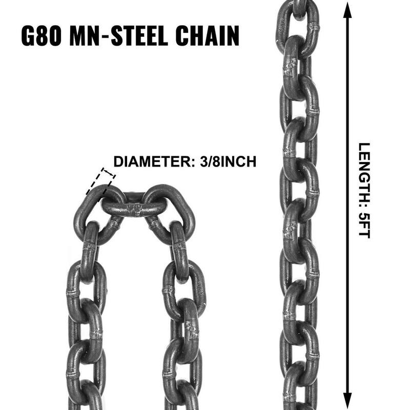 VEVOR 8800 lbs. Load 5 ft. x 3/8 in. Double Leg Chain Sling G80 Hoist Chain with Grab Hooks for Factory Mining Ports Building - GLSJG80SZ10MMX1.5V0