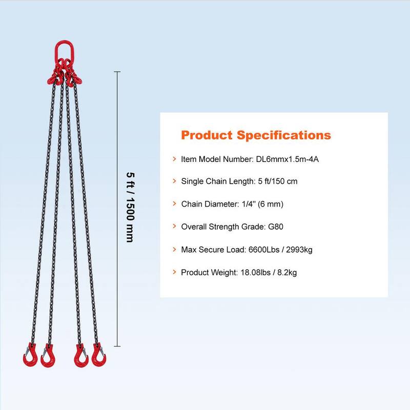 VEVOR Chain Sling,1/4 in. x 5 ft. Lifting Chains with Hooks,G80 Engine Chain Hoist Lifts, 6600 lbs./3 Ton Lifting Sling Chains - DGDLHHMGFH1J142Q0V0
