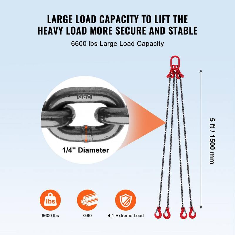 VEVOR Chain Sling,1/4 in. x 5 ft. Lifting Chains with Hooks,G80 Engine Chain Hoist Lifts, 6600 lbs./3 Ton Lifting Sling Chains - DGDLHHMGFH1J142Q0V0