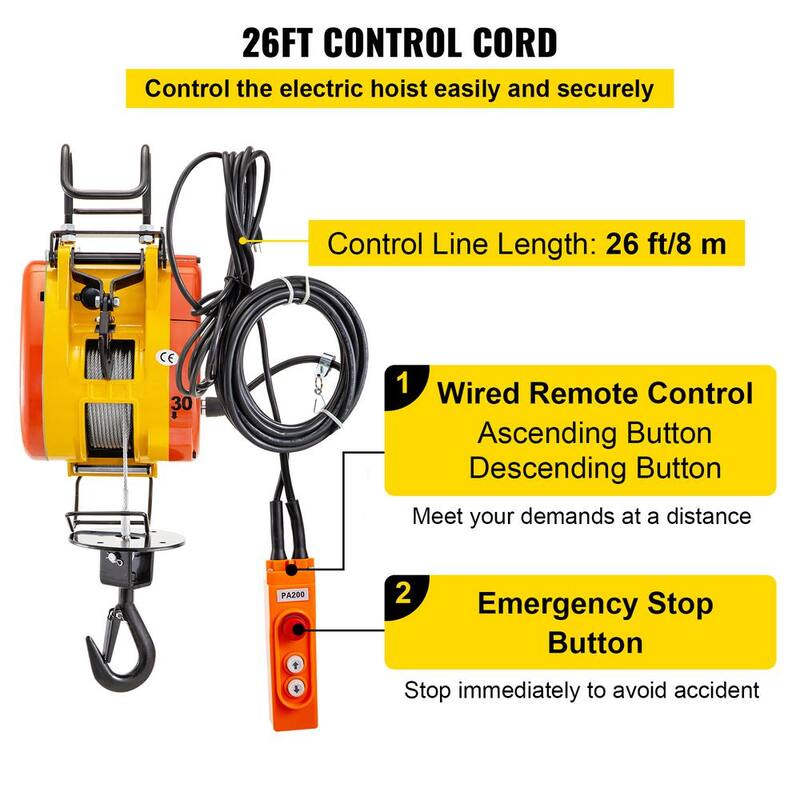 VEVOR Electric Chain Hoist 507 lbs. Load Capacity Electric Winch w/ 1300-Watt Powerful Motor w/ 98 ft. Length Steel Wire Rope - DDHL230KG00000001V1