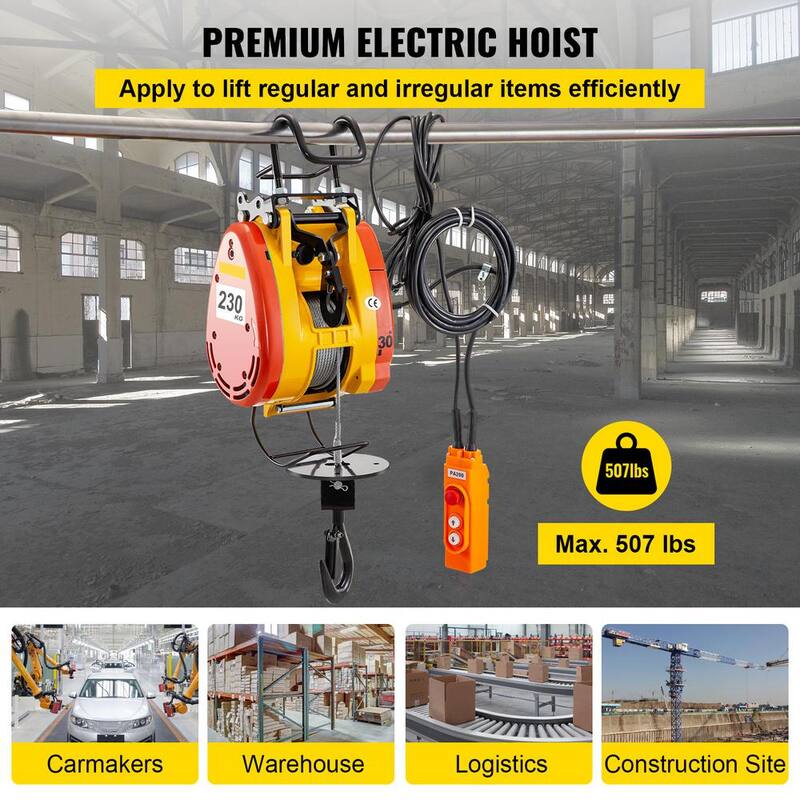 VEVOR Electric Chain Hoist 507 lbs. Load Capacity Electric Winch w/ 1300-Watt Powerful Motor w/ 98 ft. Length Steel Wire Rope - DDHL230KG00000001V1