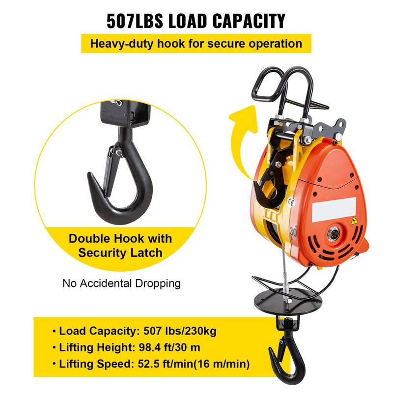 VEVOR Electric Chain Hoist 507 lbs. Load Capacity Electric Winch w/ 1300-Watt Powerful Motor w/ 98 ft. Length Steel Wire Rope - DDHL230KG00000001V1