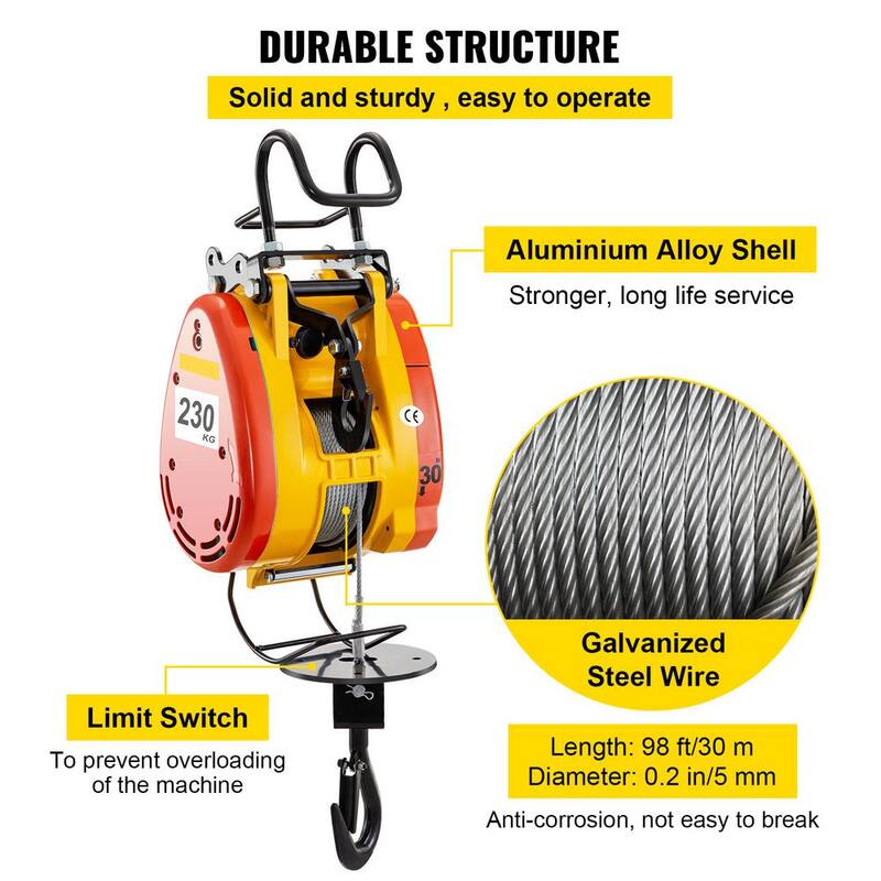 VEVOR Electric Chain Hoist 507 lbs. Load Capacity Electric Winch w/ 1300-Watt Powerful Motor w/ 98 ft. Length Steel Wire Rope - DDHL230KG00000001V1