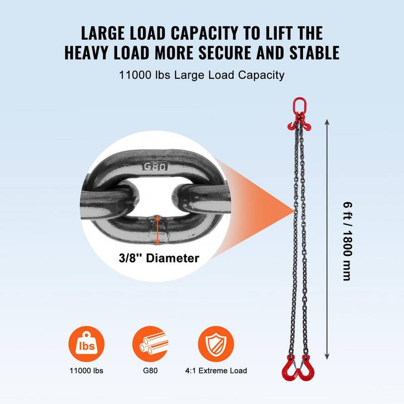 VEVOR Chain Sling, 3/8 in. x 6 ft. Lifting Chains with Hooks, G80 Engine Chain Hoist Lifts, 11000 lbs. Lifting Sling Chains - DGDLMGFH1JZ67A30TV0