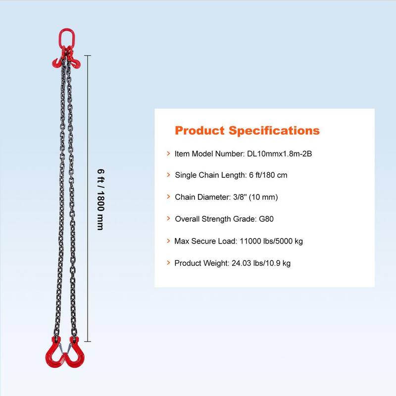 VEVOR Chain Sling, 3/8 in. x 6 ft. Lifting Chains with Hooks, G80 Engine Chain Hoist Lifts, 11000 lbs. Lifting Sling Chains - DGDLMGFH1JZ67A30TV0
