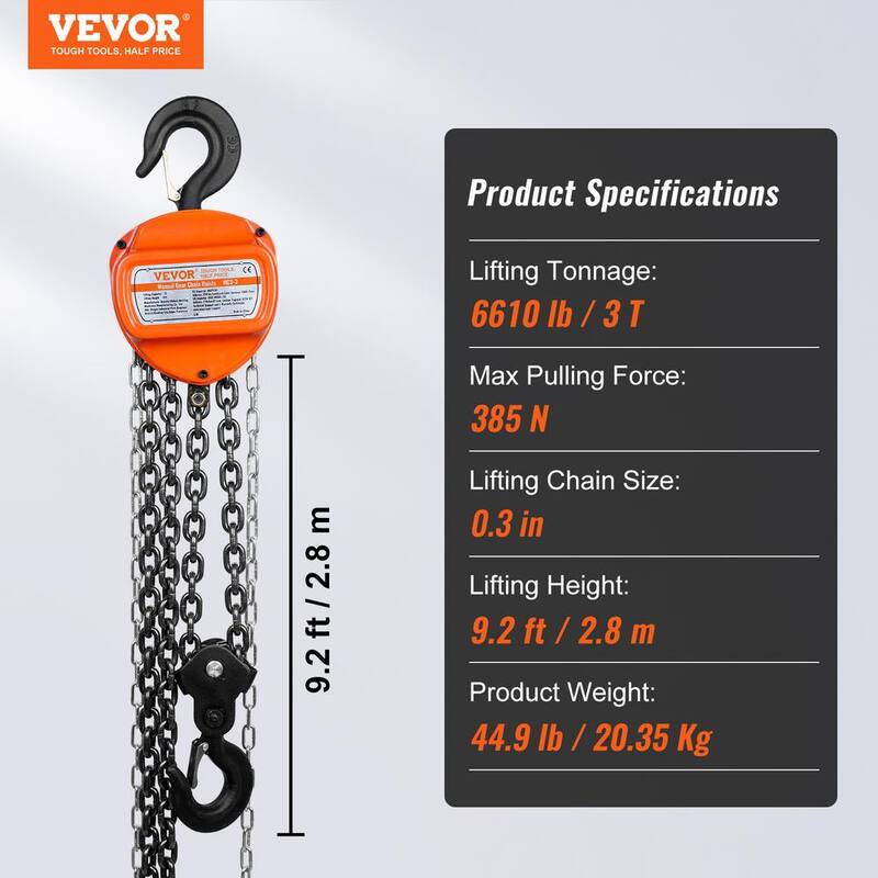 VEVOR Hand Chain Hoist, 3 Ton 6,600 lbs Capacity 10 ft. Come Along, G80 Gal.vanized Carbon Steel with Double-Pawl Brake - SJXSLHL3T10FTDWUVV0-731