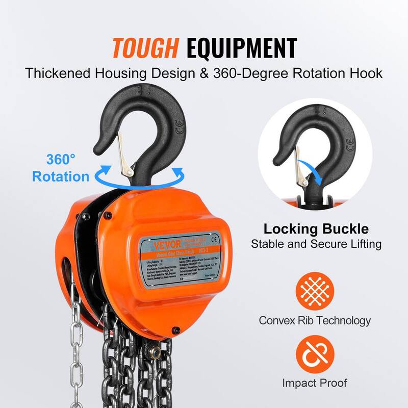 VEVOR Hand Chain Hoist, 3 Ton 6,600 lbs Capacity 10 ft. Come Along, G80 Gal.vanized Carbon Steel with Double-Pawl Brake - SJXSLHL3T10FTDWUVV0-731