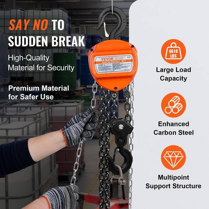 VEVOR Hand Chain Hoist, 3 Ton 6,600 lbs Capacity 10 ft. Come Along, G80 Gal.vanized Carbon Steel with Double-Pawl Brake - SJXSLHL3T10FTDWUVV0-731