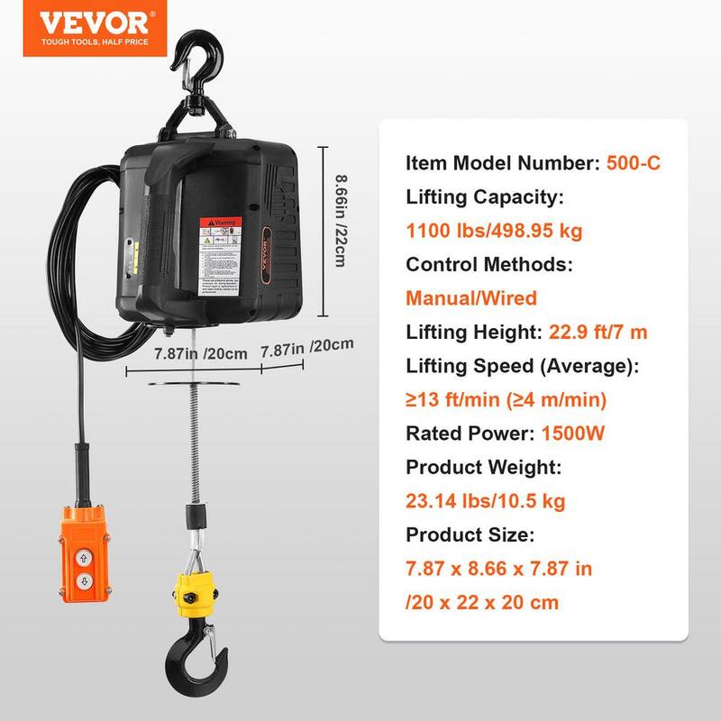VEVOR 2-in.-1 1,100 lbs. Electric Hoist Winch, 1,500W Portable Power Winch Crane, 22.9 ft. Lifting Height, 13 ft./min - BXSDDHL1100BSJQDBV1-802
