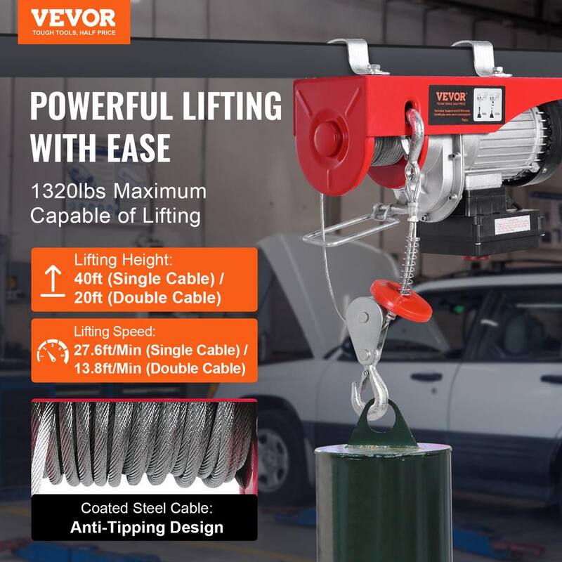 VEVOR Electric Hoist, 1320 lbs. 120V Electric Winch with 328 ft. Wireless & 14 ft. Wired Remote Control, 40 ft. Lifting Height - DDGSSHLYXWXS5L5MUV1