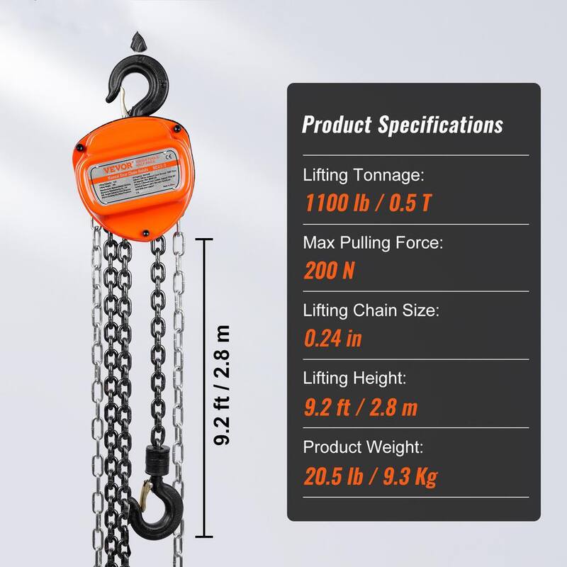 VEVOR 1/2 Ton/1,100 lbs. Hand Chain Hoist 10 ft. Come Along, 1,100 lbs. Capacity G80 Gal.vanized Carbon Steel with Double-Pawl - SJXSLH12T10FT5YE7V0-731