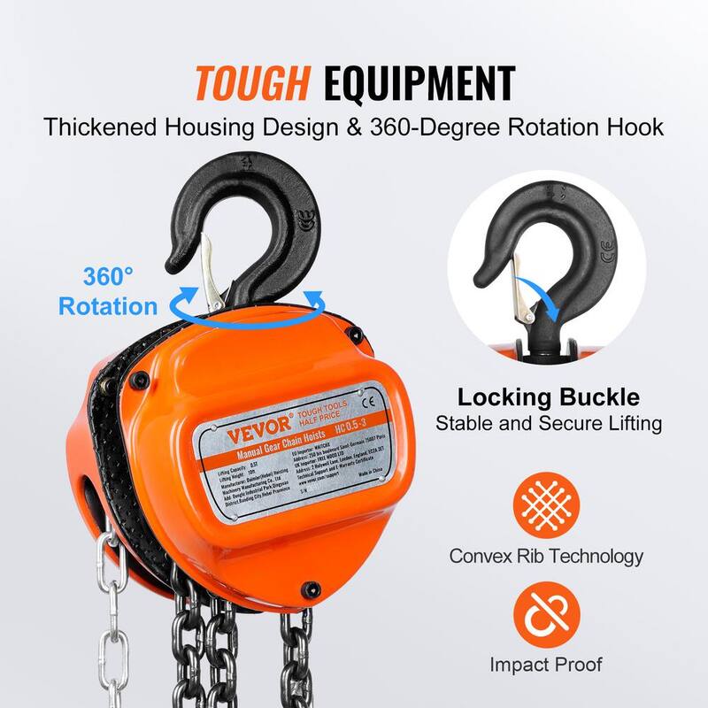 VEVOR 1/2 Ton/1,100 lbs. Hand Chain Hoist 10 ft. Come Along, 1,100 lbs. Capacity G80 Gal.vanized Carbon Steel with Double-Pawl - SJXSLH12T10FT5YE7V0-731