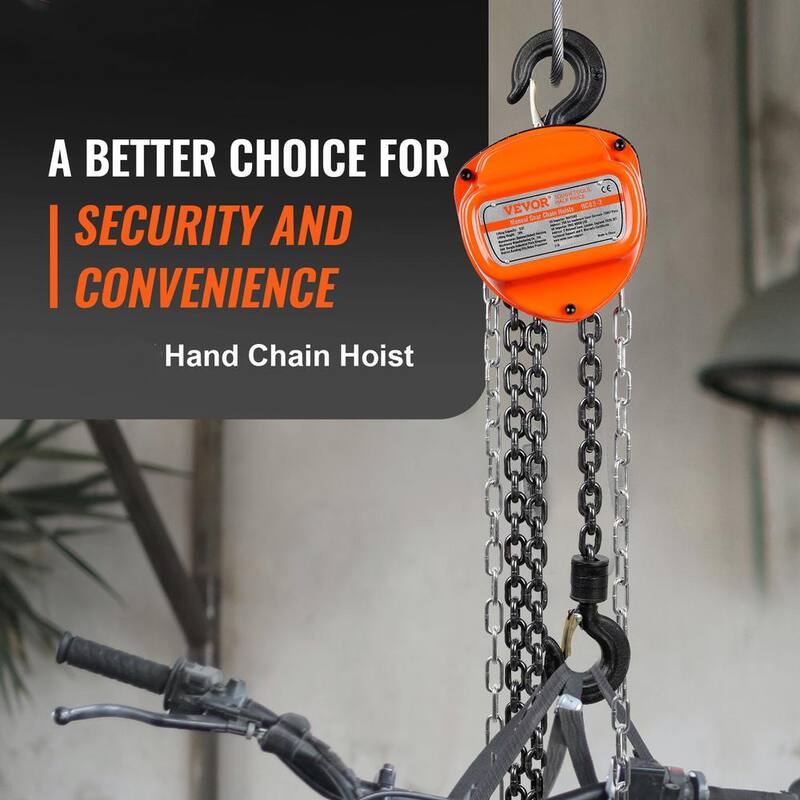 VEVOR 1/2 Ton/1,100 lbs. Hand Chain Hoist 10 ft. Come Along, 1,100 lbs. Capacity G80 Gal.vanized Carbon Steel with Double-Pawl - SJXSLH12T10FT5YE7V0-731