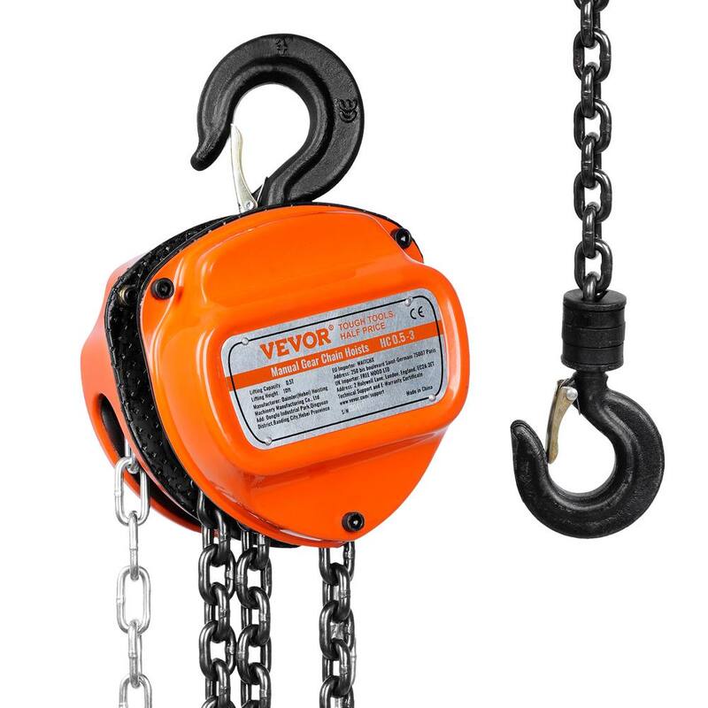 VEVOR 1/2 Ton/1,100 lbs. Hand Chain Hoist 10 ft. Come Along, 1,100 lbs. Capacity G80 Gal.vanized Carbon Steel with Double-Pawl - SJXSLH12T10FT5YE7V0-731