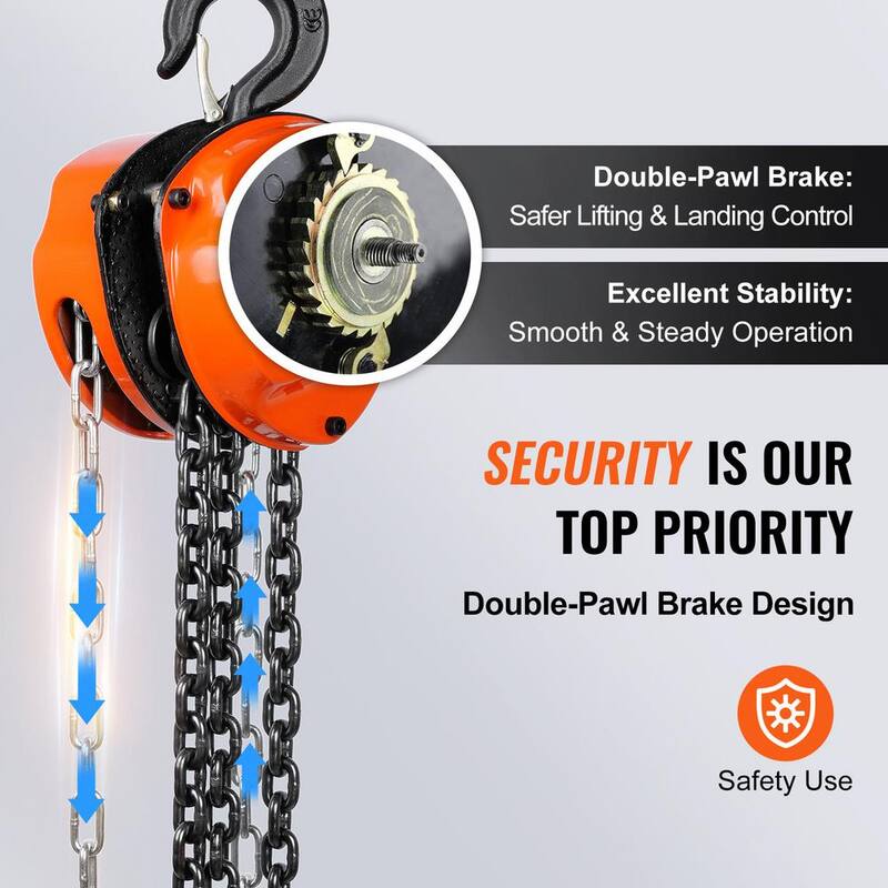 VEVOR 1/2 Ton/1,100 lbs. Hand Chain Hoist 10 ft. Come Along, 1,100 lbs. Capacity G80 Gal.vanized Carbon Steel with Double-Pawl - SJXSLH12T10FT5YE7V0-731