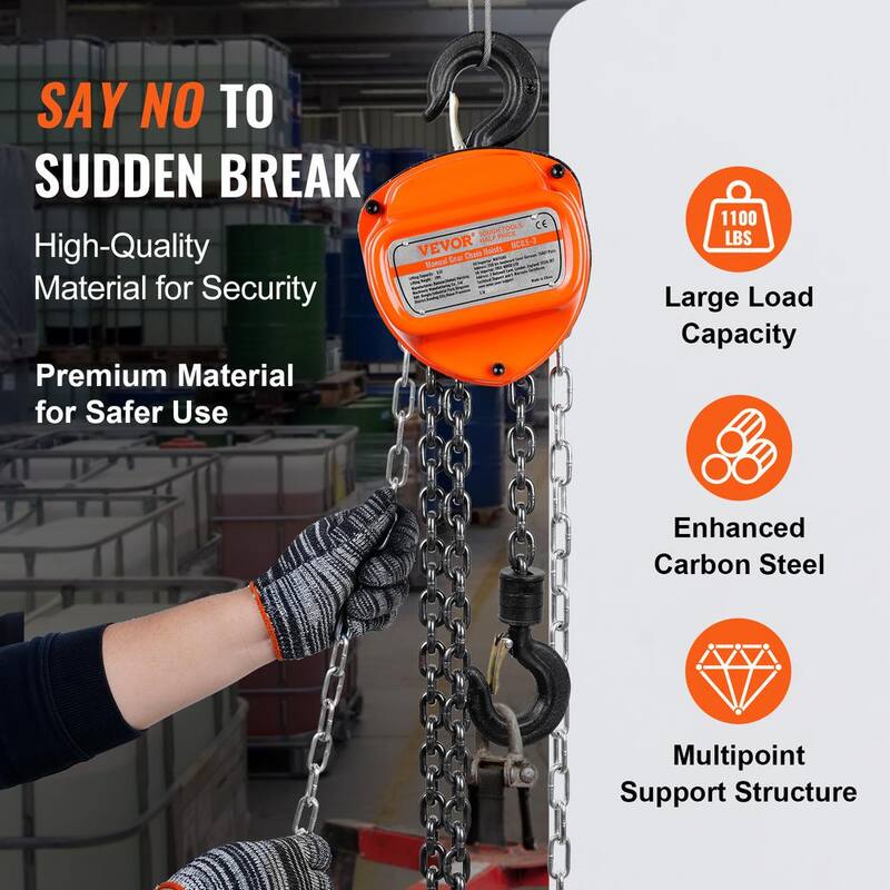 VEVOR 1/2 Ton/1,100 lbs. Hand Chain Hoist 10 ft. Come Along, 1,100 lbs. Capacity G80 Gal.vanized Carbon Steel with Double-Pawl - SJXSLH12T10FT5YE7V0-731
