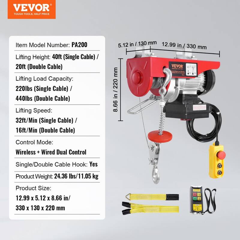 VEVOR Electric Hoist, 440 lbs. 120V Electric Winch with 328 ft. Wireless & 14 ft. Wired Remote Control, 40 ft. Lifting Height - DDGSSHLYXWXSZ60OHV1
